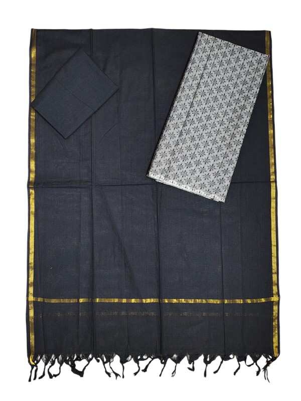 Grey & Black Handloom South Cotton Unstitched Salwar Suit Set with Dupatta for Women