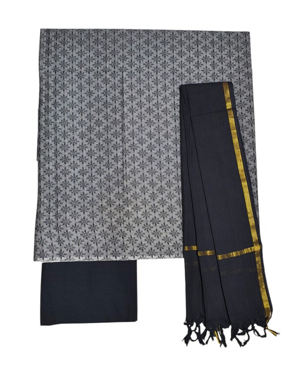 Grey & Black Handloom South Cotton Unstitched Salwar Suit Set with Dupatta for Women