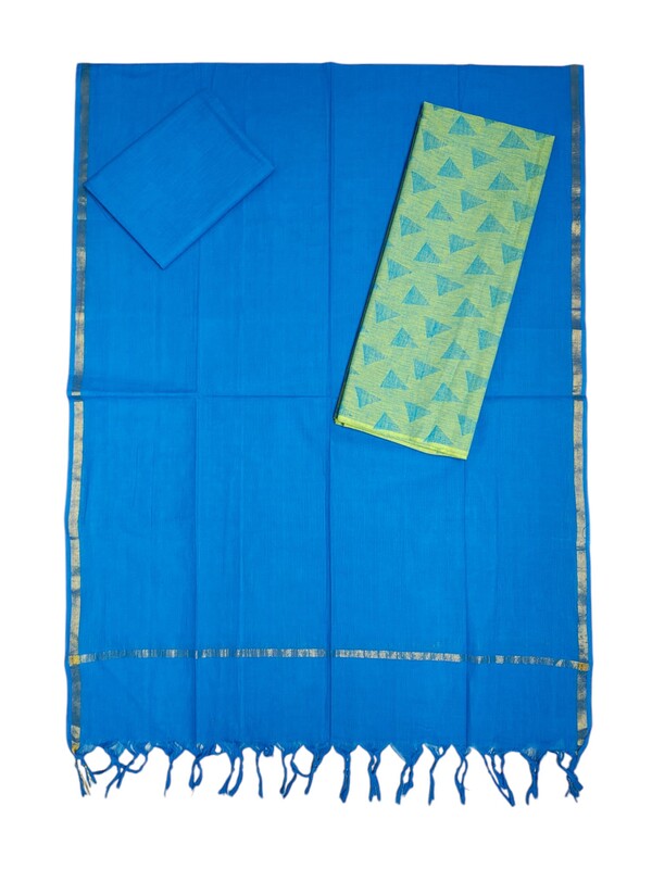 Green & Blue Handloom Mangalagiri Cotton Unstitched Salwar Suit with Ikkat Border for Women