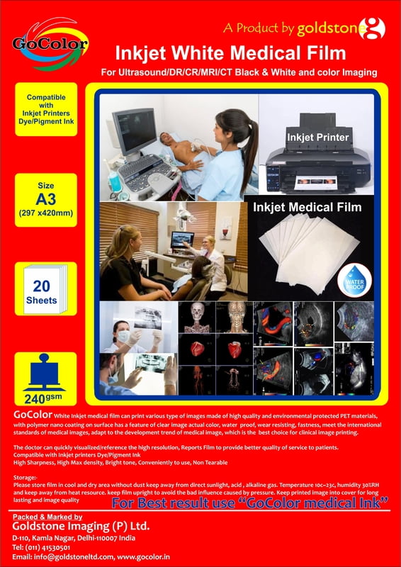 Inkjet Medical White Film A4 Size x 100 sheets For DR/CR/MRI/CT Imaging Film Size :A4 x100 Sheet / 175 Micron / 240 gsm Inkjet Medical White Film A4 Size x 100 sheets For DR/CR/MRI/CT Imaging Film Size :A4 x100 Sheet / 175 Micron / 240 gsm