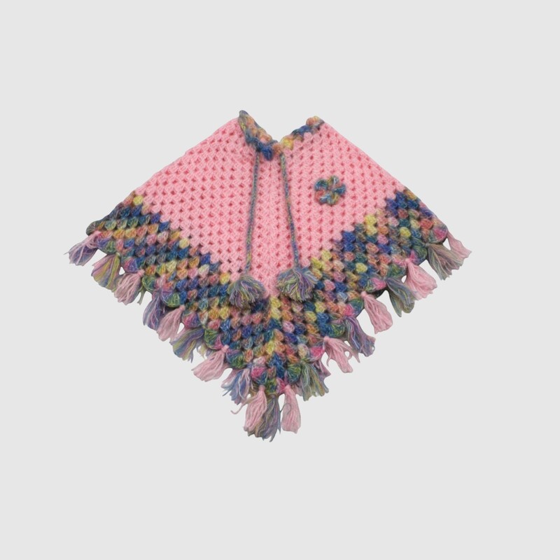 (1-2 Years) Handknitted Kids Woolen Poncho, Pink and Multicolor