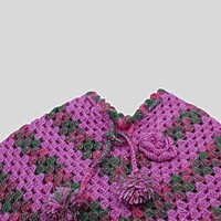 (6-12 Months) Baby Handknitted Woolen Poncho, Purple with Multicolor Pattern