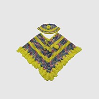 (2-3 Years) Kids Handknitted Woolen Poncho with Cap, Yellow Multi-Color Pattern