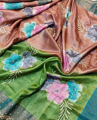 Rose gold pure Tassar hand embroidered katdana work Rose gold pure Tassar hand embroidered katdana work