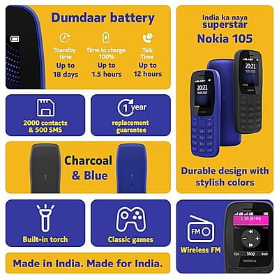 Nokia 105 Single SIM  (TA-1473), Keypad Mobile Phone with Wireless FM Radio