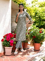 GREY COTTON SALWAR SUIT SET WITH FLORAL BLOCK PRINT