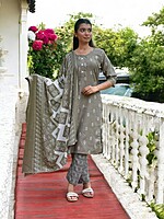 GREY COTTON SALWAR SUIT SET WITH FLORAL BLOCK PRINT