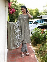 GREY COTTON SALWAR SUIT SET WITH FLORAL BLOCK PRINT
