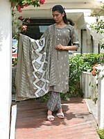 GREY COTTON SALWAR SUIT SET WITH FLORAL BLOCK PRINT