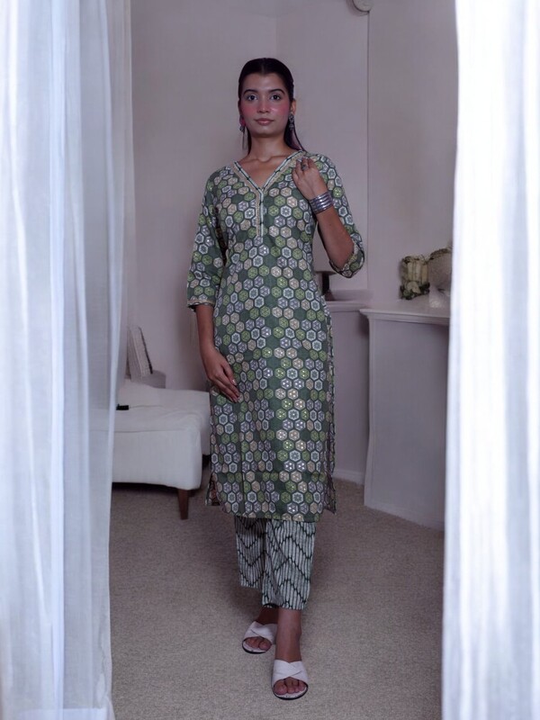 GREEN HEXAGONAL PATTERN GEOMETRIC PRINT COTTON SALWAR SUIT SET