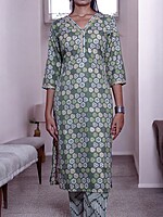 GREEN HEXAGONAL PATTERN GEOMETRIC PRINT COTTON SALWAR SUIT SET