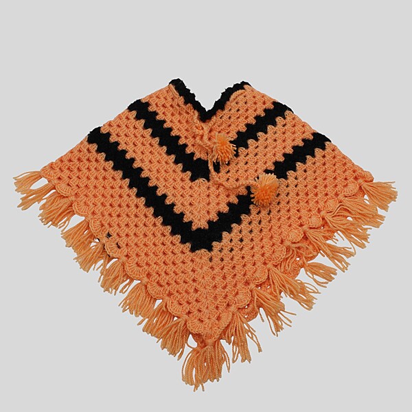 (1-2 Years) Baby Handknitted Woolen Poncho, Orange and Black