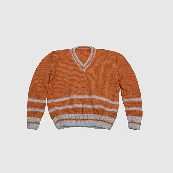 (3-4 Years) Baby Handknitted Woolen Full Sleeves Sweater, Orange with White Stripes