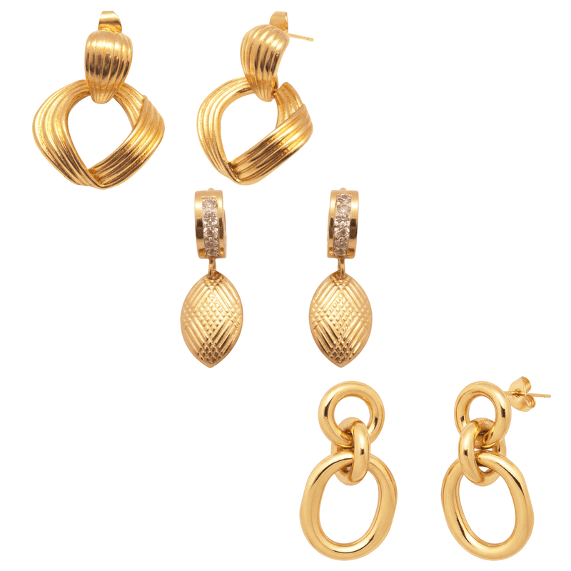 KAYYA21 Elegant Gold-Plated Textured Hoop & Drop Earrings Combo Set – Stainless Steel