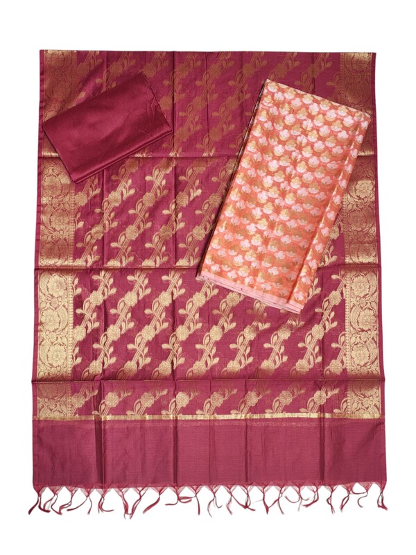 Peach & Maroon Unstitched Banarasi Cotton Silk Dress Material with Dupatta for Women