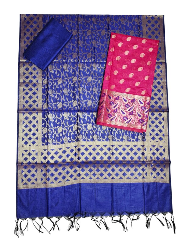 Pink & Blue Unstitched Banarasi Cotton Silk Dress Material with Dupatta for Women