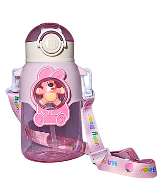 BPA Free Cartoon Doll Strawberry Bear Strap Kettle Student Kids Outdoor Portable Anti-fall Plastic Water Bottle with Straw