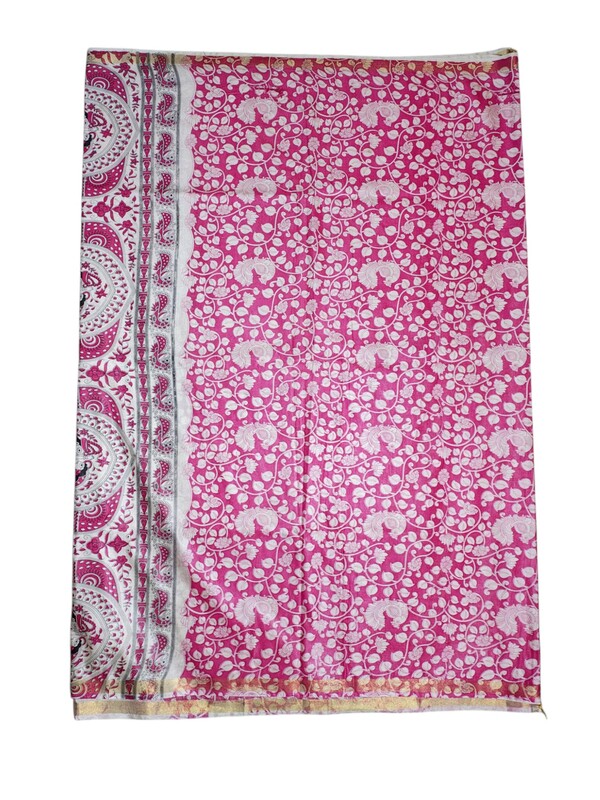 Pink Kalamkari Cotton Silk Saree with Unstitched Blouse for Women