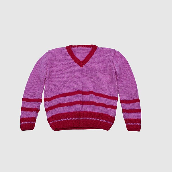 (4-5 Years) Baby Handknitted Woolen Full Sleeves Sweater, Purple and Red Striped