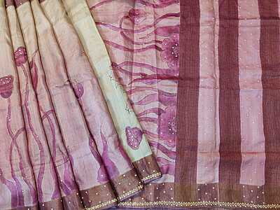 Rose pink and ivory pure tassar hand embroidered katdana work saree Rose pink and ivory pure tassar hand embroidered katdana work saree