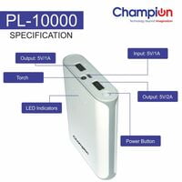 Champion Power Bank 10400mAh Capacity (BIS Certified) Model PL-10000 Champion Power Bank 10400mAh Capacity (BIS Certified) Model PL-10000
