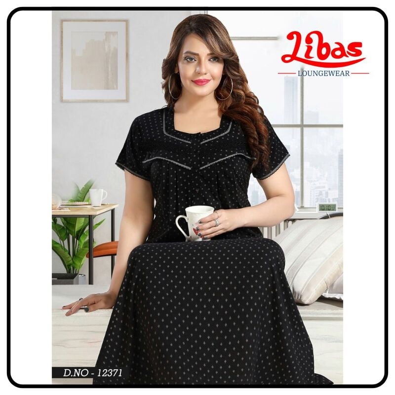 Nero Black Crush Cotton Pleated Nighty With Block Prints All Over From Libas Loungewear - PLT261 Nero Black Crush Cotton Pleated Nighty With Block Prints All Over From Libas Loungewear - PLT261
