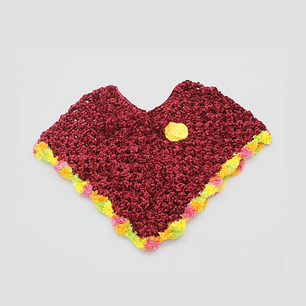 (1-2 Years) Kids Handknitted Woolen Poncho, Burgundy with Yellow and Pink Trim
