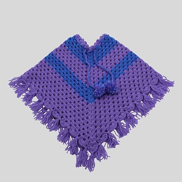 (1-2 Years) Baby Handknitted Woolen Poncho, Purple and Blue, Crochet Style with Fringe Detail