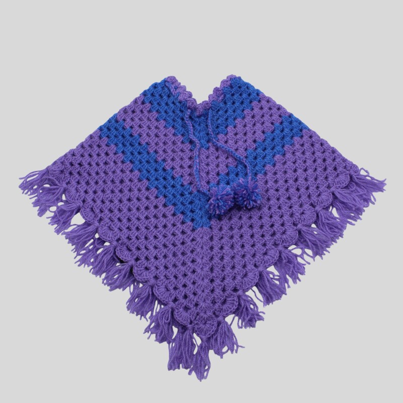 (1-2 Years) Baby Handknitted Woolen Poncho, Purple and Blue, Crochet Style with Fringe Detail