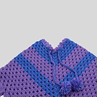 (1-2 Years) Baby Handknitted Woolen Poncho, Purple and Blue, Crochet Style with Fringe Detail