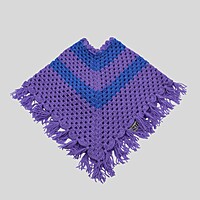 (1-2 Years) Baby Handknitted Woolen Poncho, Purple and Blue, Crochet Style with Fringe Detail