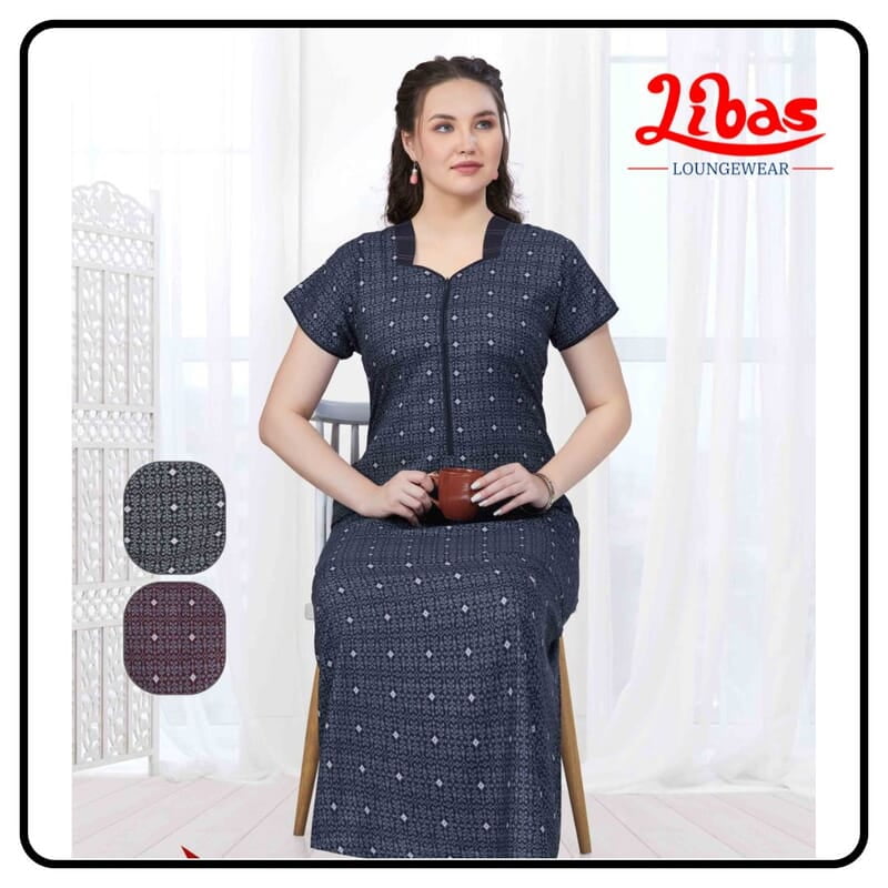 Deep Velvet Blue Soft Cotton Nighty With Doted Print All Over From Libas Loungewear - PS540 Deep Velvet Blue Soft Cotton Nighty With Doted Print All Over From Libas Loungewear - PS540
