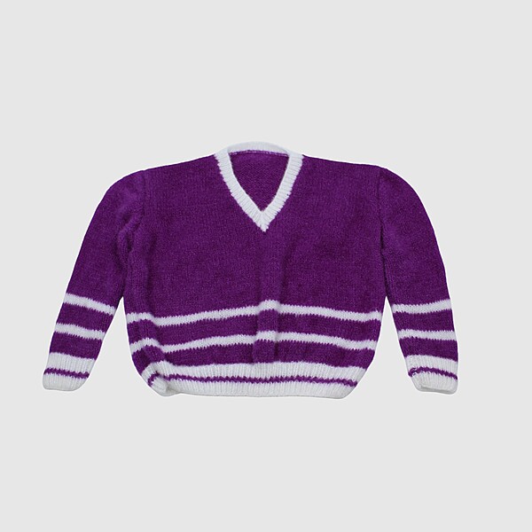 (4-5 Years) Baby Handknitted Woolen Full Sleeves Sweater, Purple and White Striped