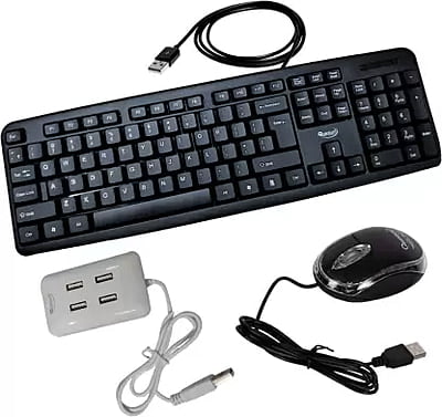 OpenBox Quantum Hi-Tech QHM 7403/222 Wired USB Mouse, Keyboard & QHM6633 USB 4 Port Hub Combo Set