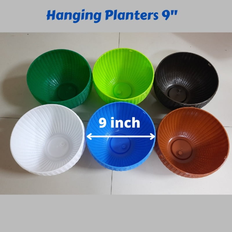 (Pack of 6) 9" Round Multi color Plastic Flower Hanging Pot for Balcony with Hanging Chain (Pack of 6) 9" Round Multi color Plastic Flower Hanging Pot for Balcony with Hanging Chain
