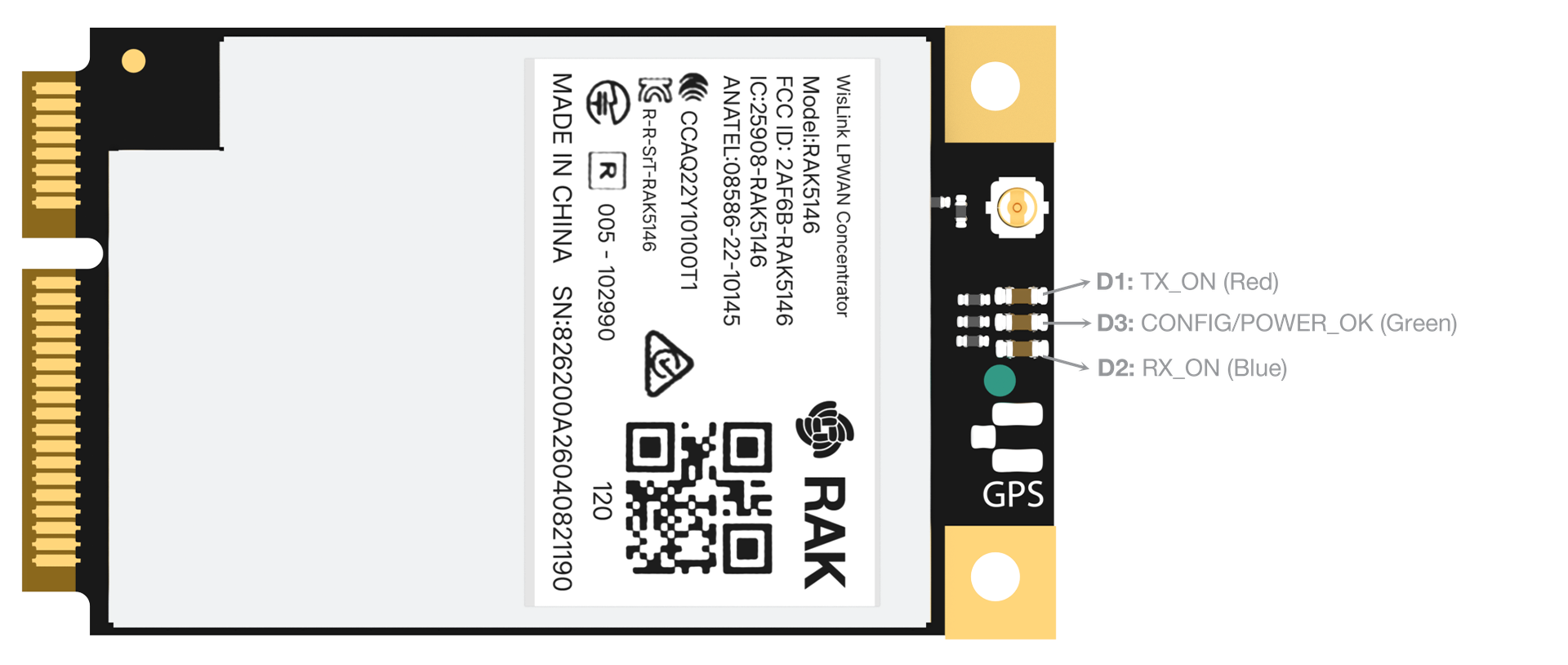 RAK5146 Gateway Concentrator Module for LoRaWAN, SX1303 LoRa Core (SPI or USB, GPS, LBT)
