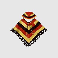 (3-4 Years) Handknitted Kids Poncho with Matching Cap, Striped Pattern in Brown, Red & Yellow