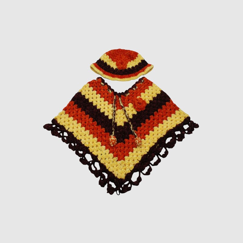 (3-4 Years) Handknitted Kids Poncho with Matching Cap, Striped Pattern in Brown, Red & Yellow