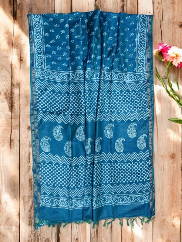 Teal Green Batik Print Saree with Running Blouse