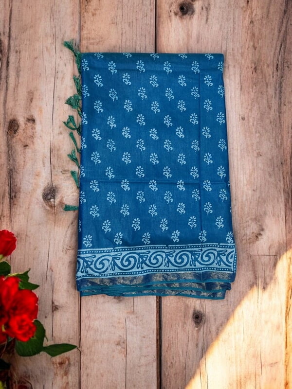 Teal Green Batik Print Saree with Running Blouse