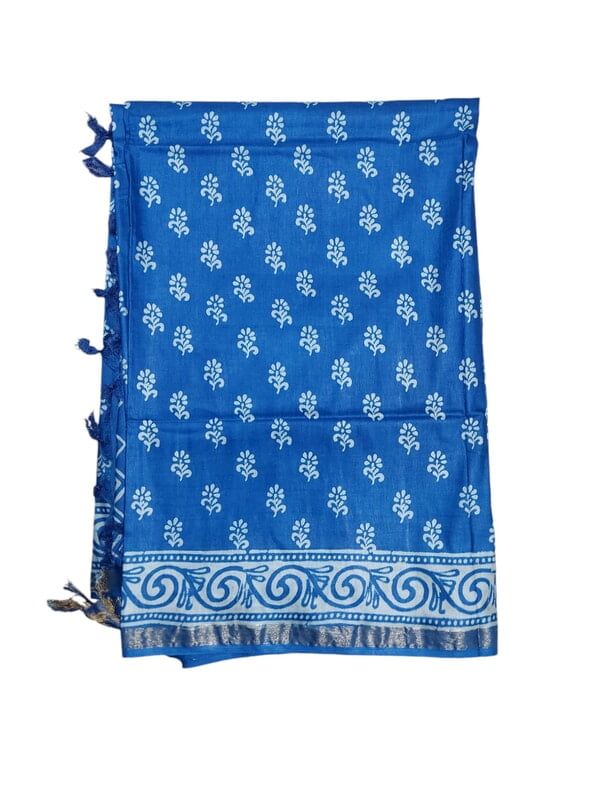 Blue Block Print Silk Saree with Running Blouse