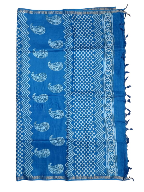 Blue Block Print Silk Saree with Running Blouse