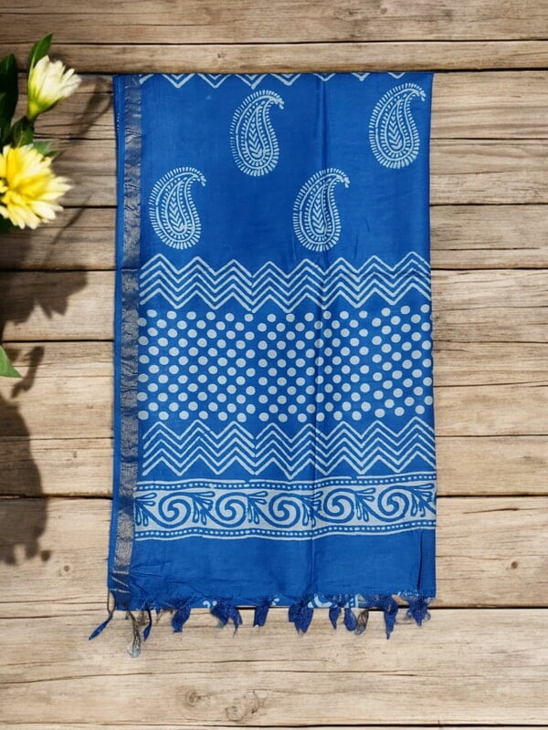 Blue Block Print Silk Saree with Running Blouse