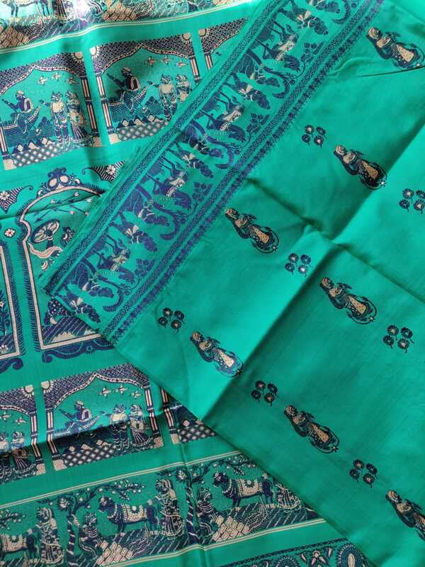 Sea green color meena work pure Mulberry silk Baluchari Sea green color meena work pure Mulberry silk Baluchari