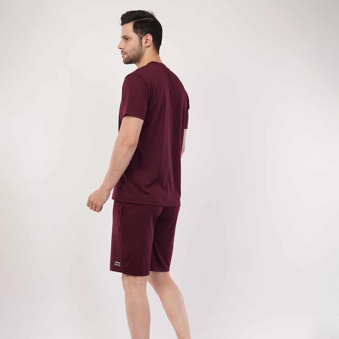 Men's Sports & T-Shirt Set - Zurich 4-Way Lycra, 240-250 GSM, Wine Color (S, M, L) | Stretchable & Breathable Activewear