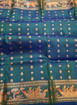 Blue Green 2000 Buta Dual Tone Pure Mulberry Silk Swarnachari Saree Blue Green 2000 Buta Dual Tone Pure Mulberry Silk Swarnachari Saree