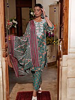 TRADITIONAL FLORAL PRINT COTTON SALWAR SUIT SET - TEAL GREEN WITH CORAL FLOWERS