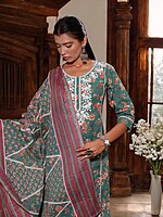 TRADITIONAL FLORAL PRINT COTTON SALWAR SUIT SET - TEAL GREEN WITH CORAL FLOWERS