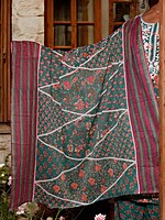 TRADITIONAL FLORAL PRINT COTTON SALWAR SUIT SET - TEAL GREEN WITH CORAL FLOWERS