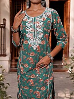 TRADITIONAL FLORAL PRINT COTTON SALWAR SUIT SET - TEAL GREEN WITH CORAL FLOWERS